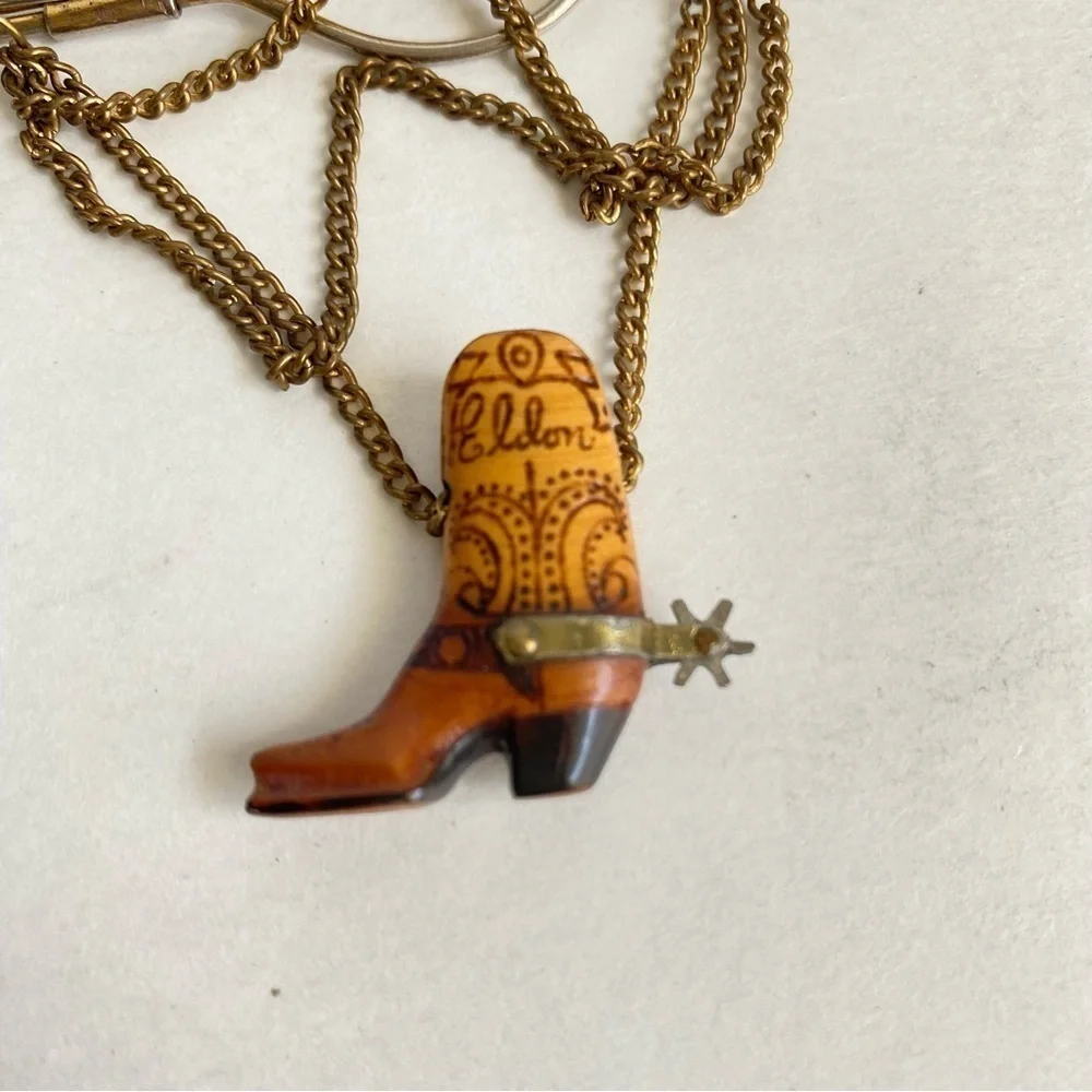 Vintage 60s Cowboy Boot Tie Bar Clip Western Gold Tone‎ Chain Carved Wood Spur